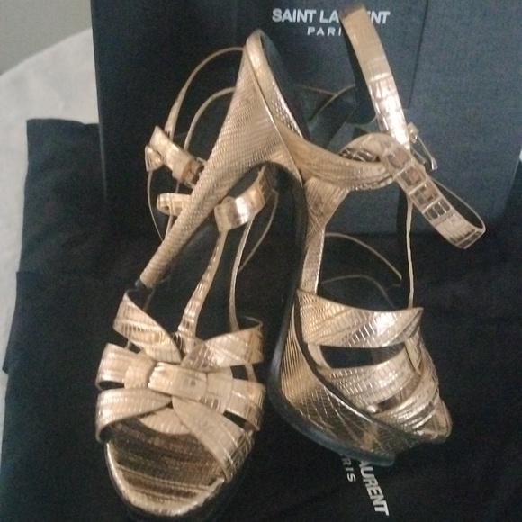 YSL metallic Gold Lizard Embossed Leather Tribute Ankle Strap Platform heels - Picture 5 of 16